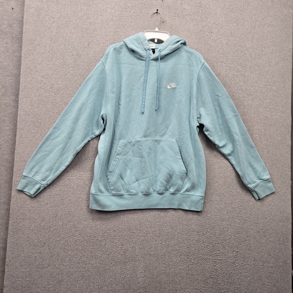 Nike Men Hoodie L Blue Swoosh Logo Spellout Embroidered Fleece Activewear Pocket